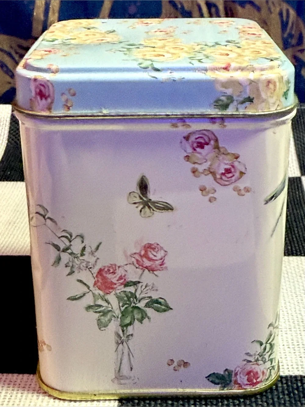 Vintage 1980s Botanical Cottage Core Metal Tin Flowers Butterflies Birds